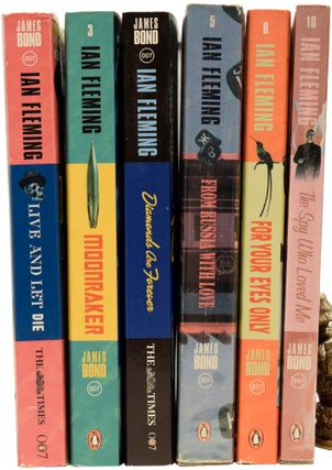 Group of 'Bond Re-jacketed' paperback series. Comprising: Live and Let Die, Moonraker, Diamonds Are Forever, From Russia With Love, For Your Eyes Only (short stories inc. From A View To A Kill, Quantum of Solace), and The Spy Who loved Me